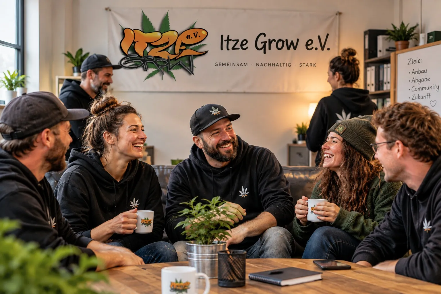 KI-generiertes Symbolbild: eine Gruppe von Menschen sitzt lachend mit Kaffeetassen zusammen, an der Wand ein Banner mit dem Logo des Itze Grow e.V.